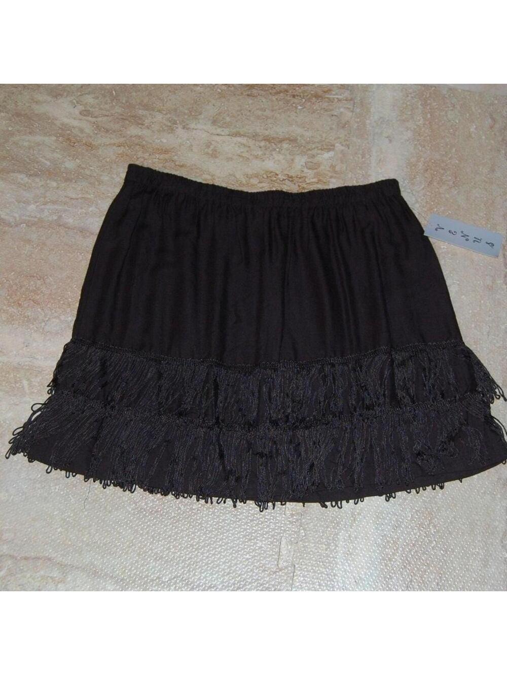Large Black Fringe Mini Skirt Elastic Waist Pull On Flapper Style Short Skirt